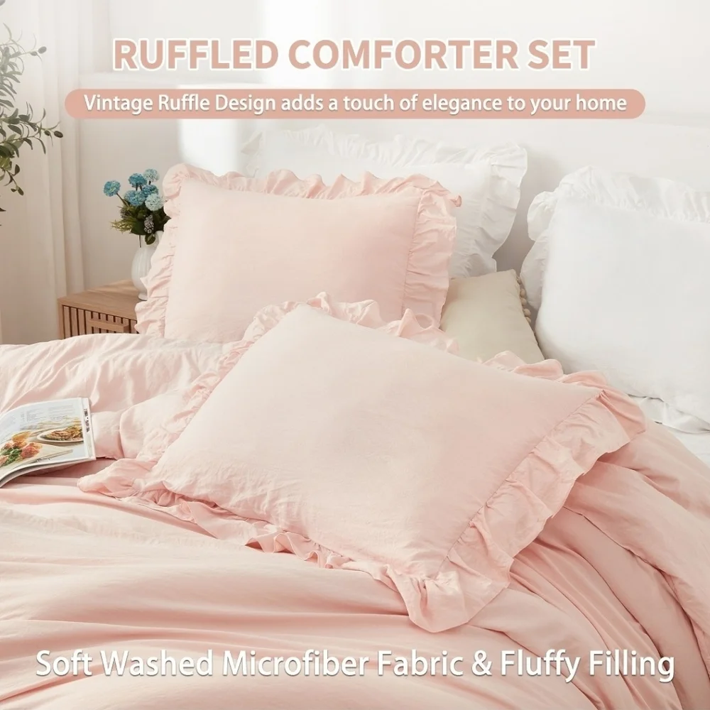 Oeko Tex Queen Pink Comforter Set with Ruffle Trim NWOT